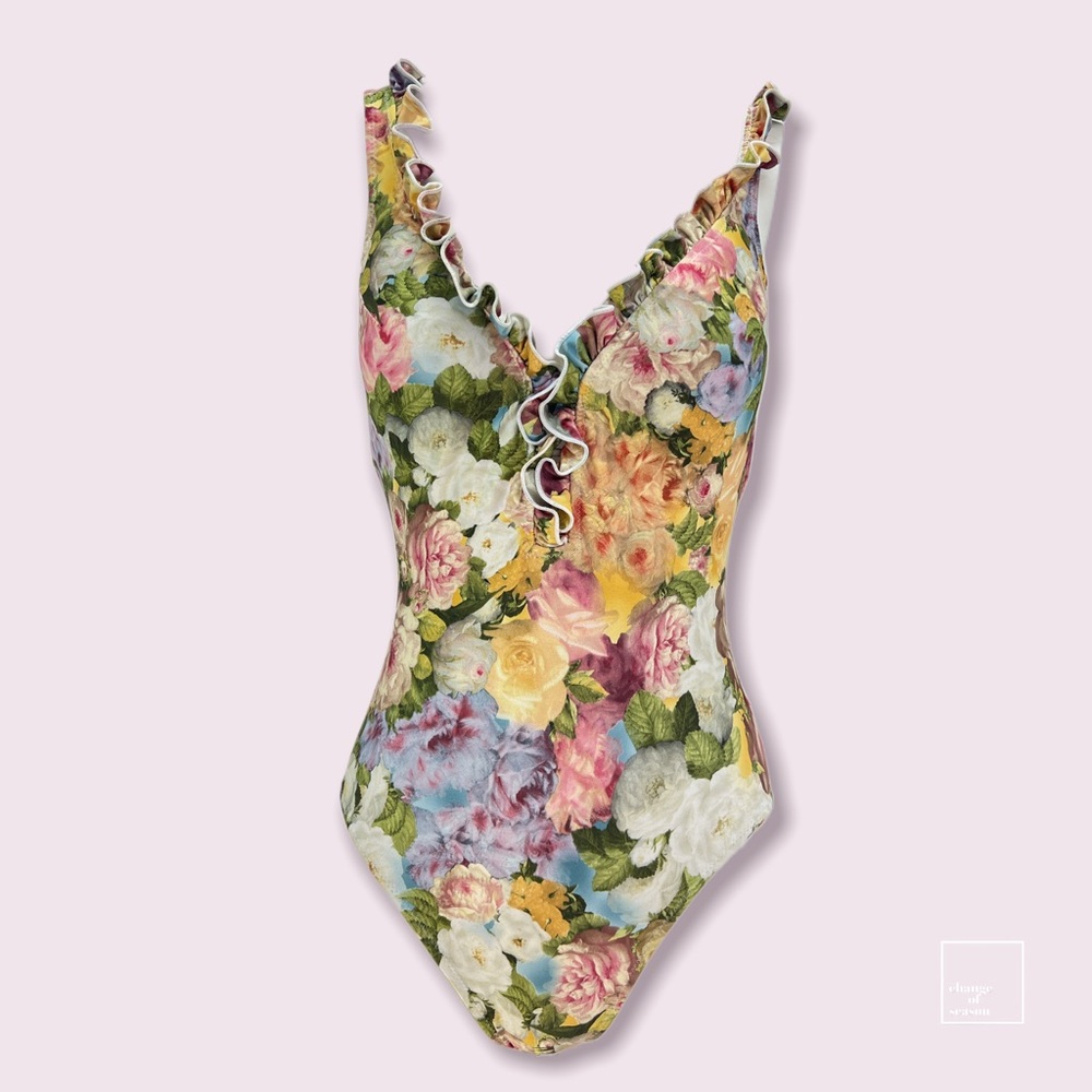 Pilpel floral one piece swimsuit women's size 10 white green pink